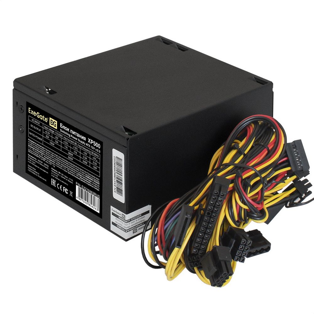 Блок питания 500W ExeGate XP500 (ATX, 12cm fan, 24pin, 4+4pin, PCIe, 3xSATA, 2xIDE, FDD, black) (856263)