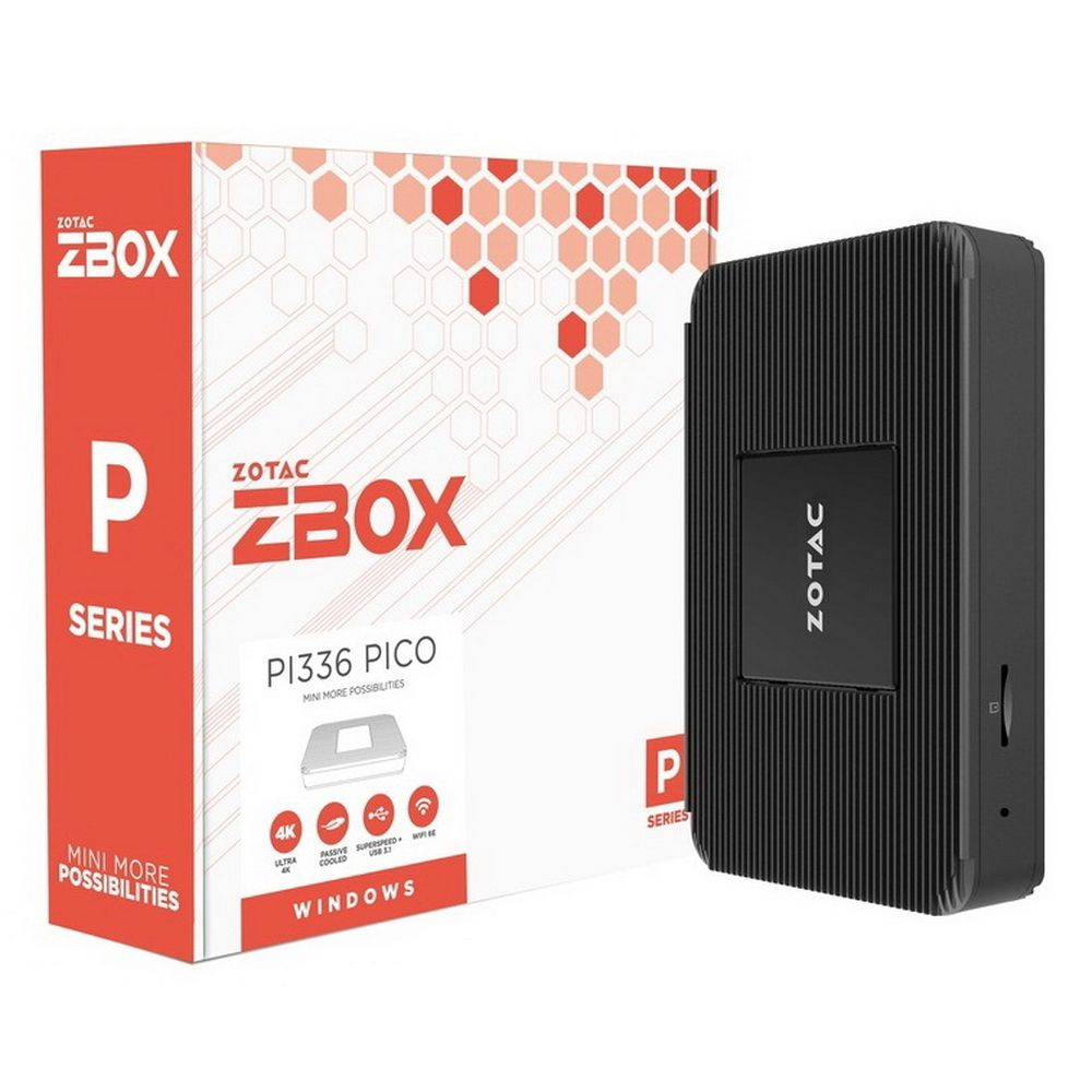 Платформа системного блока с ЦПУ Zotac ZBOX PI336-W5C 1x Universal AC adapter w/ Plugs, 1x Mounting bracket w/ screws, 1x CTIA-OMTP adapter, 1x OS Recovery USB flash, user manual, quick install guide