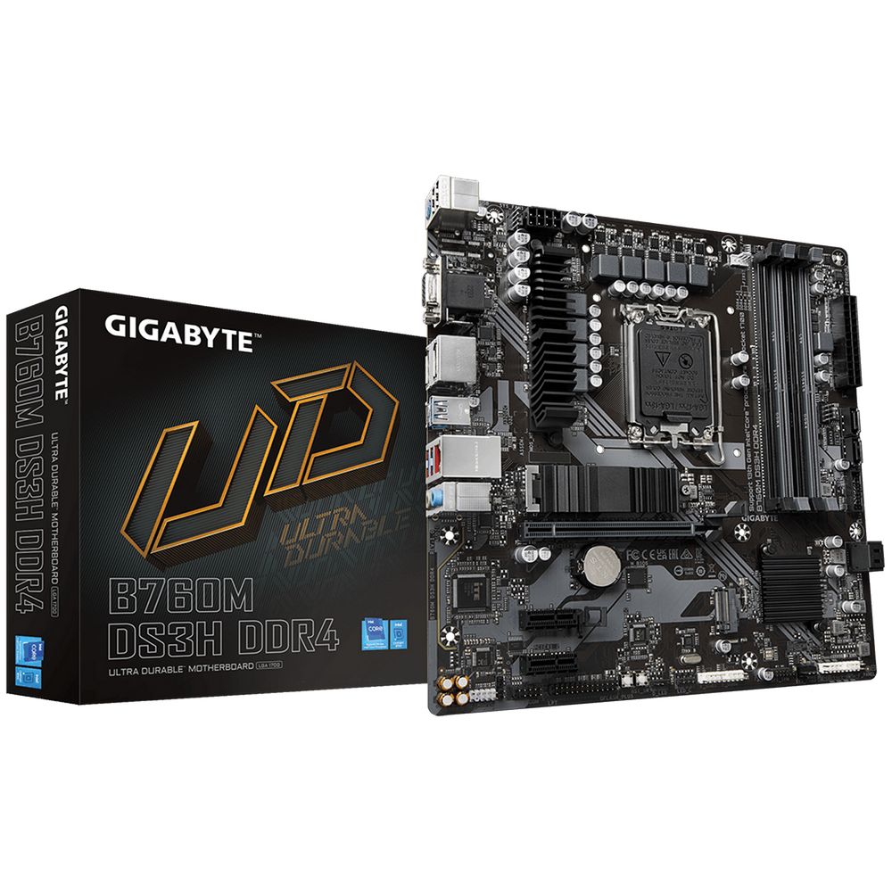 Материнская плата Gigabyte B760M DS3H DDR4, Socket 1700, Intel®B760, 4xDDR4-3200, D-SUB+HDMI+DP+DP, 1xPCI-Ex16, 2xPCI-Ex1, 4xSATA3(RAID 0/1/5/10), 2xM.2, 8Ch Audio, 2,5GbLan, (2+4)xUSB2.0, (3+2)xUSB3.2, (1+0)xUSB3.2 Type-C™, mATX, RTL {10}