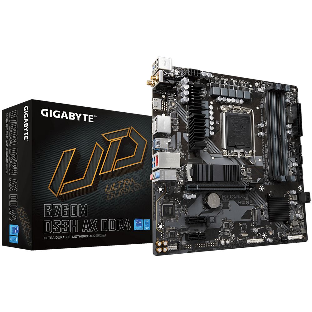 Материнская плата Gigabyte B760M DS3H AX DDR4, Socket 1700, Intel®B760, 4xDDR4-3200, HDMI+DP+DP, 1xPCI-Ex16, 2xPCI-Ex1, 4xSATA3(RAID 0/1/5/10), 2xM.2, 8Ch Audio, GLan, WiFi, (2+4)xUSB2.0, (3+2)xUSB3.2, (1+0)xUSB3.2 Type-C™, 1xPS/2, mATX, RTL