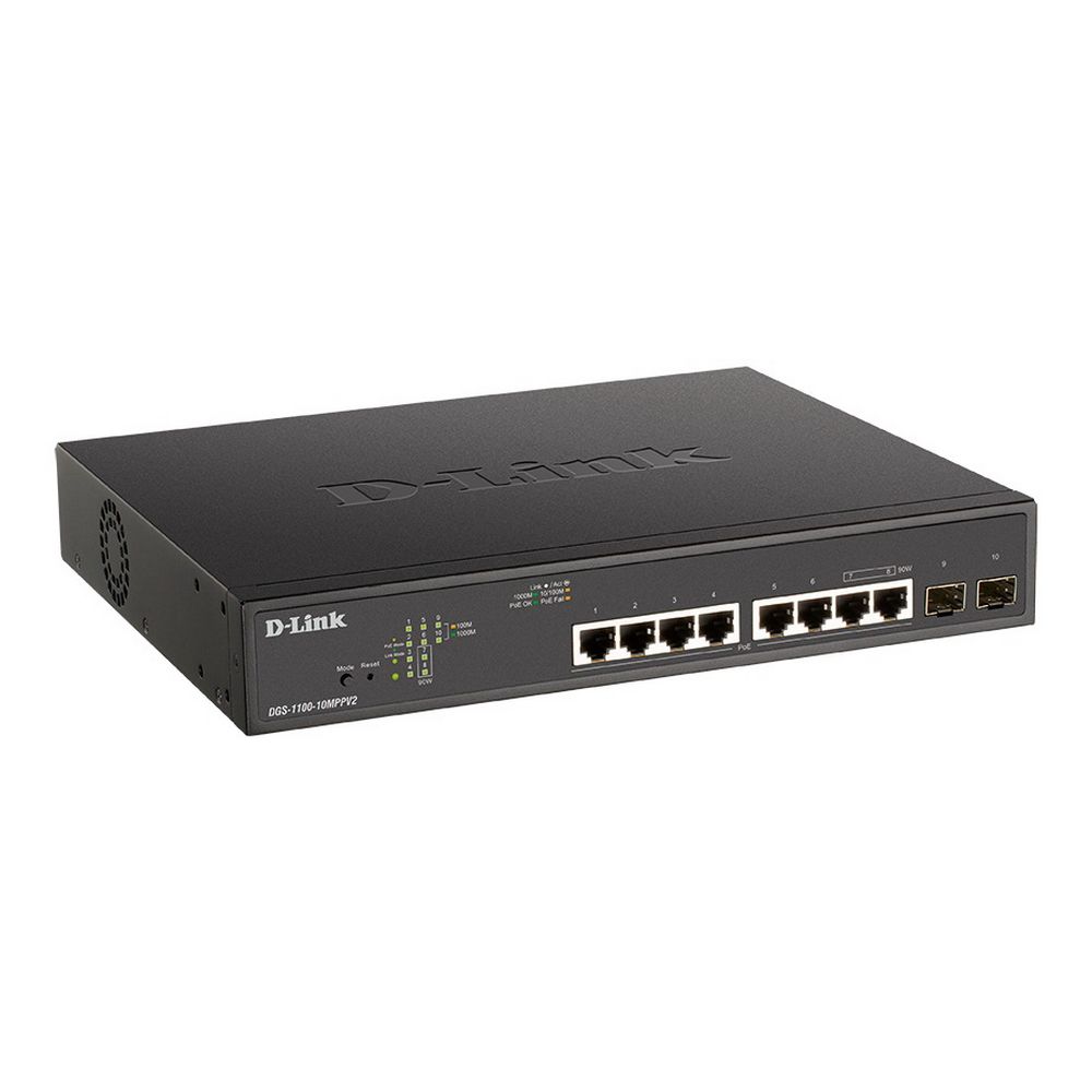 Коммутатор D-Link DGS-1100-10MPPV2/A3A Настраиваемый L2 коммутатор с 8 портами 10/100/1000Base-T и 2 портами 1000Base-X SFP (порты 1–8 PoE 802.3af/at, порты 7–8 PoE 802.3bt, PoE-бюджет 242 Вт)