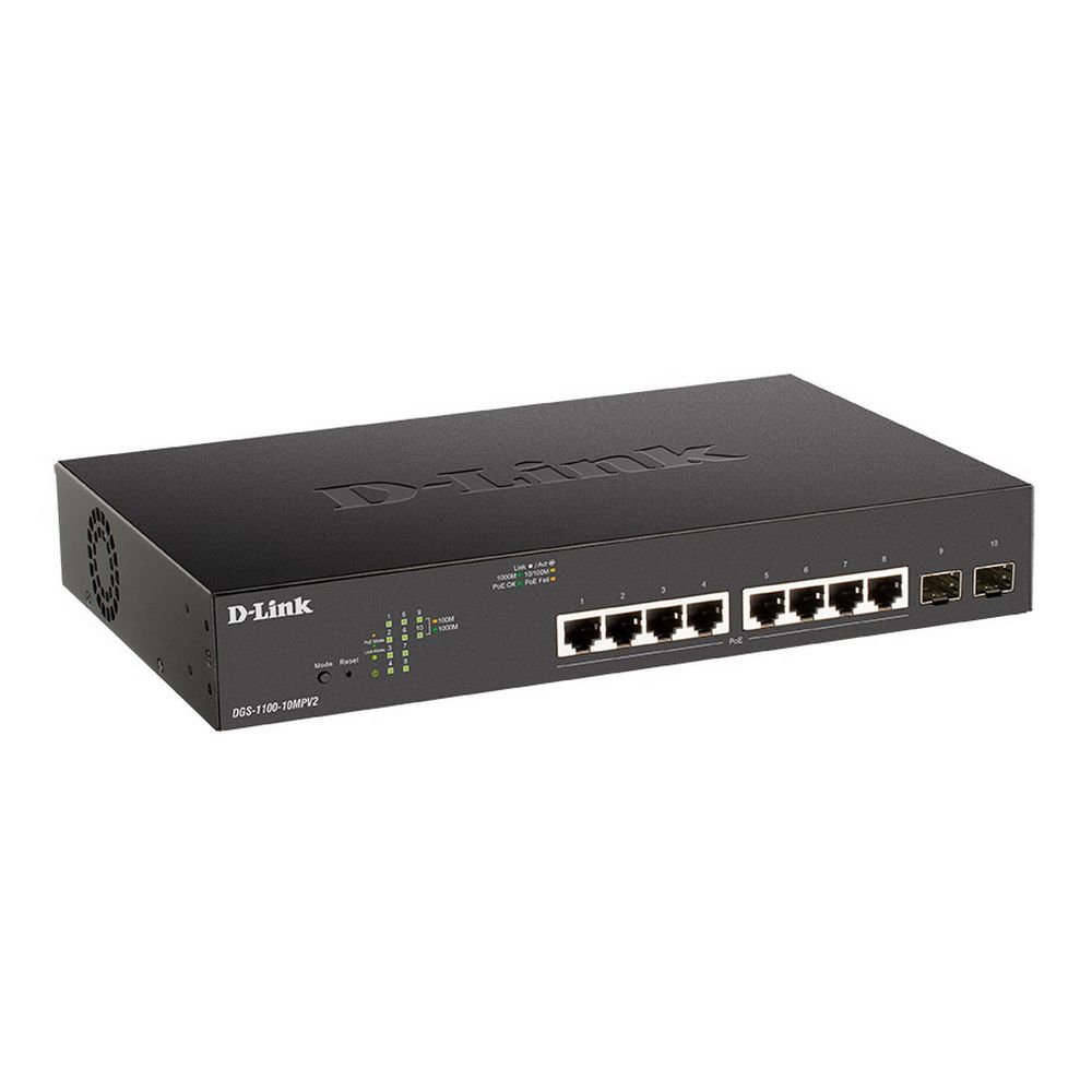 Коммутатор D-Link DGS-1100-10MPV2/A3A Настраиваемый L2 коммутатор с 8 портами 10/100/1000Base-T и 2 портами 1000Base-X SFP (8 портов PoE 802.3af/at, PoE-бюджет 130 Вт)