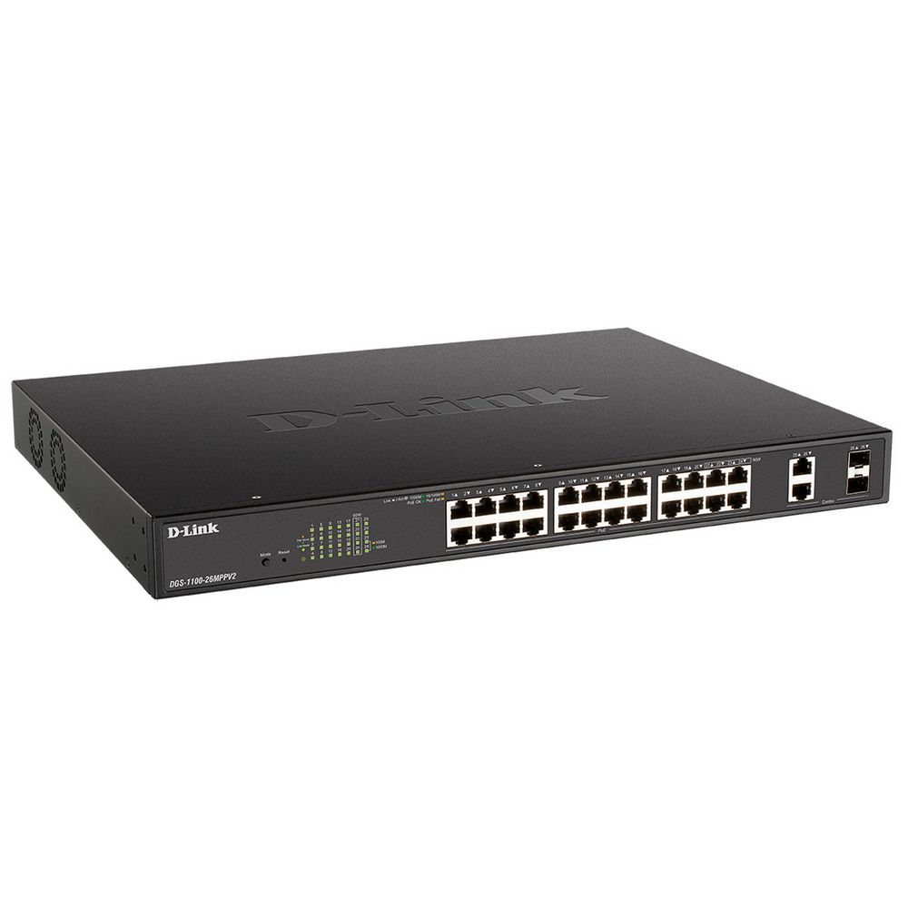 Коммутатор D-Link DGS-1100-26MPPV2/A3A Настраиваемый L2 коммутатор с 24 портами 10/100/1000Base-T и 2 комбо-портами 100/1000Base-T/SFP (порты 1–24 PoE 802.3af/at, порты 21–24 PoE 802.3bt, PoE-бюджет 518 Вт)