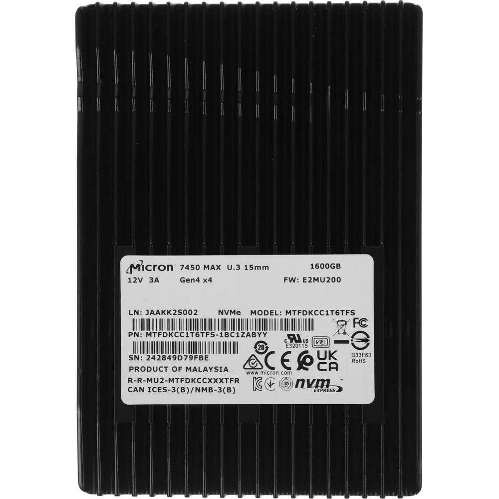 Твердотельный накопитель SSD Micron 7450 MAX MTFDKCC1T6TFS-1BC1ZABYY 1.6TB U.3  2.5" 15mm, NVMe, PCIe 4.0 x4 3D TLC
