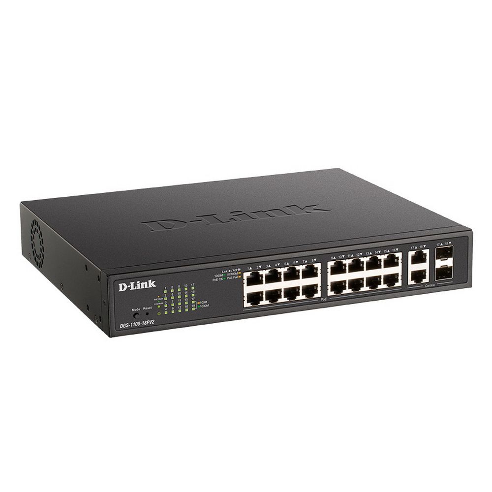 Коммутатор D-Link Настраиваемый L2 коммутатор с 16 портами 10/100/1000Base-T и 2 комбо-портами 1000Base-T/SFP (16 порт Настраиваемый L2 коммутатор с 16 портами 10/100/1000Base-T и 2 комбо-портами 1000Base-T/SFP (16 портов PoE 802.3af/at, PoE-бюджет 130 Вт)