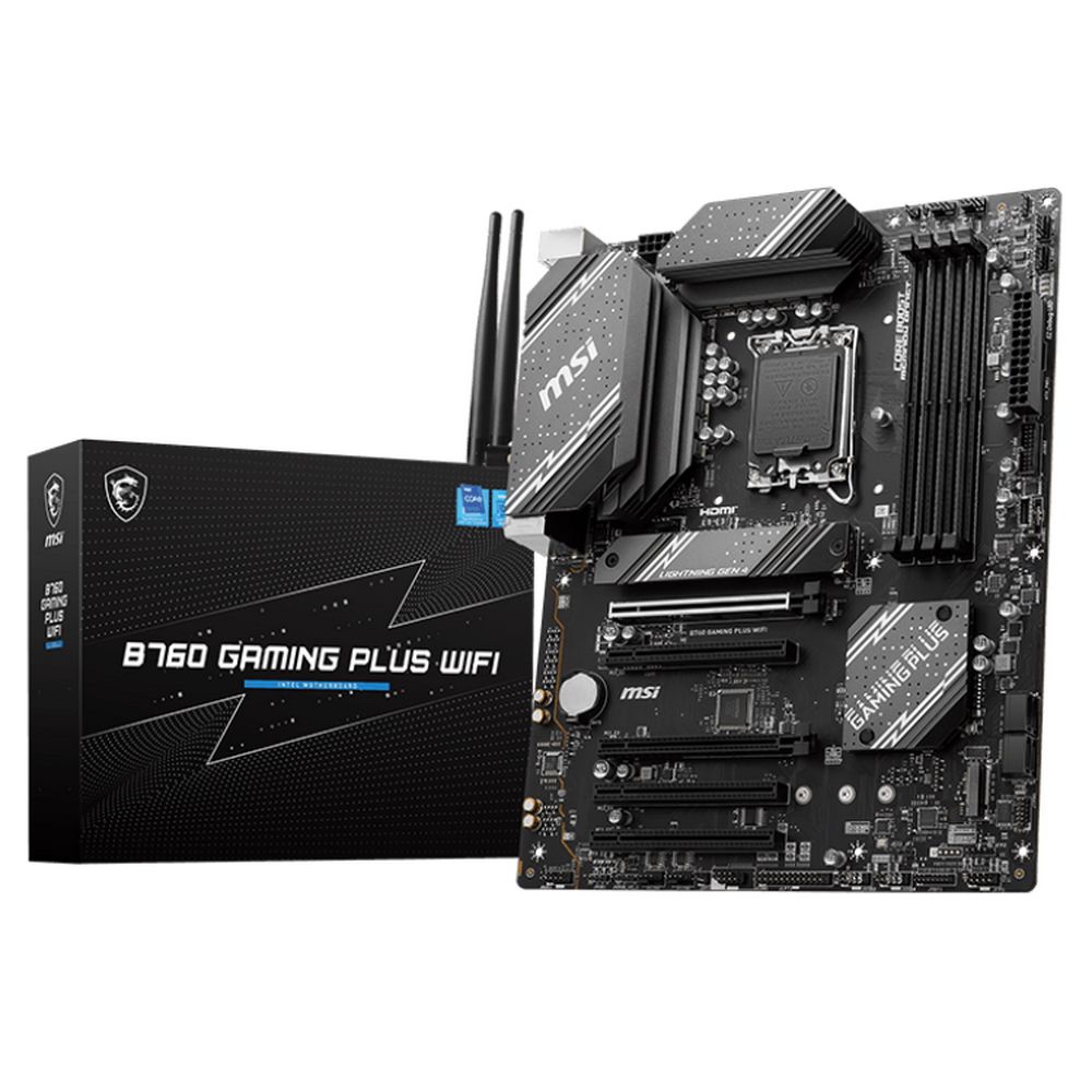 Материнская плата MSI B760 GAMING PLUS WIFI B760, LGA1700, 4*DDR5, 5*PCIEx16, 2*M.2, 2*TypeC, 2*USB3.2Gen2, 2*USB3.2Gen1, 8*USB2.0, 4*SATA3.0, 2.5G, DP, HDMI, ATX, RTL