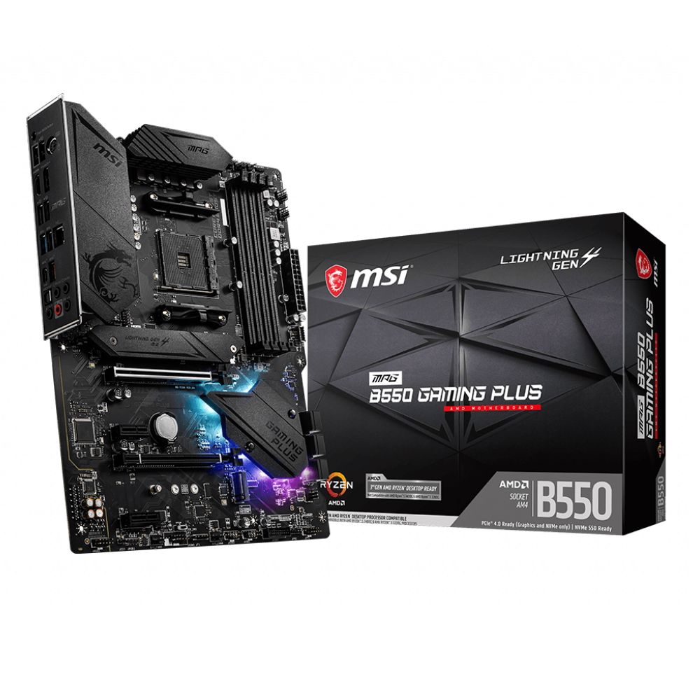 Материнская плата MSI Bad Pack MPG B550 GAMING PLUS, Socket AM4, AMD®B550, 4xDDR4-3200, 2xPCI-Ex16x, 2xPCI-Ex1x, HDMI+DP, 6xSATA3(RAID 0/1/10), 2xM.2, 8 Ch Audio, GLan, (4+4)xUSB2.0, (3+2)xUSB3.2, (1+1)xUSB3.2 Type-C™, 1xPS/2, ATX, RTL {5}(731885)