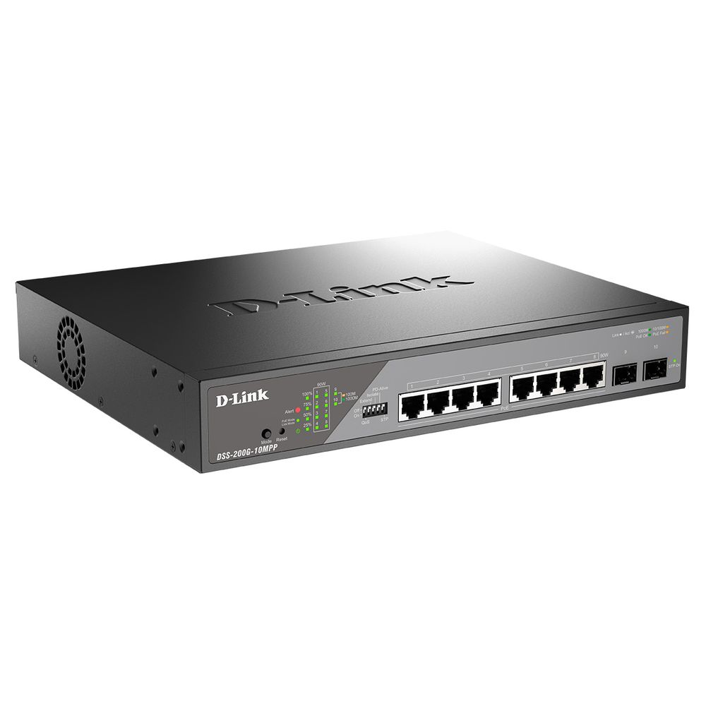 Коммутатор D-Link DSS-200G-10MPP/A1A Настраиваемый L2 коммутатор с 8 портами 10/100/1000Base-T и 2 портами 1000Base-X SFP (8 портов PoE 802.3af/at/bt, PoE-бюджет 242 Вт, дальность до 250 м)