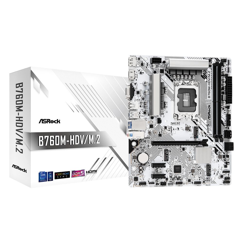 Материнская плата ASRock B760M-HDV/M.2, Socket 1700, Intel®B760, 2xDDR5-4800, D-SUB+HDMI+DP, 1xPCI-Ex16, 2xPCI-Ex1, 4xSATA3(RAID 0/1/5/10), 2xM.2, 8 Ch Audio, 1x2.5GLan, (2+4)xUSB2.0, (3+2)xUSB3.2, (1+0)xUSB3.2 Type-C™, 1xPS/2 mATX, RTL