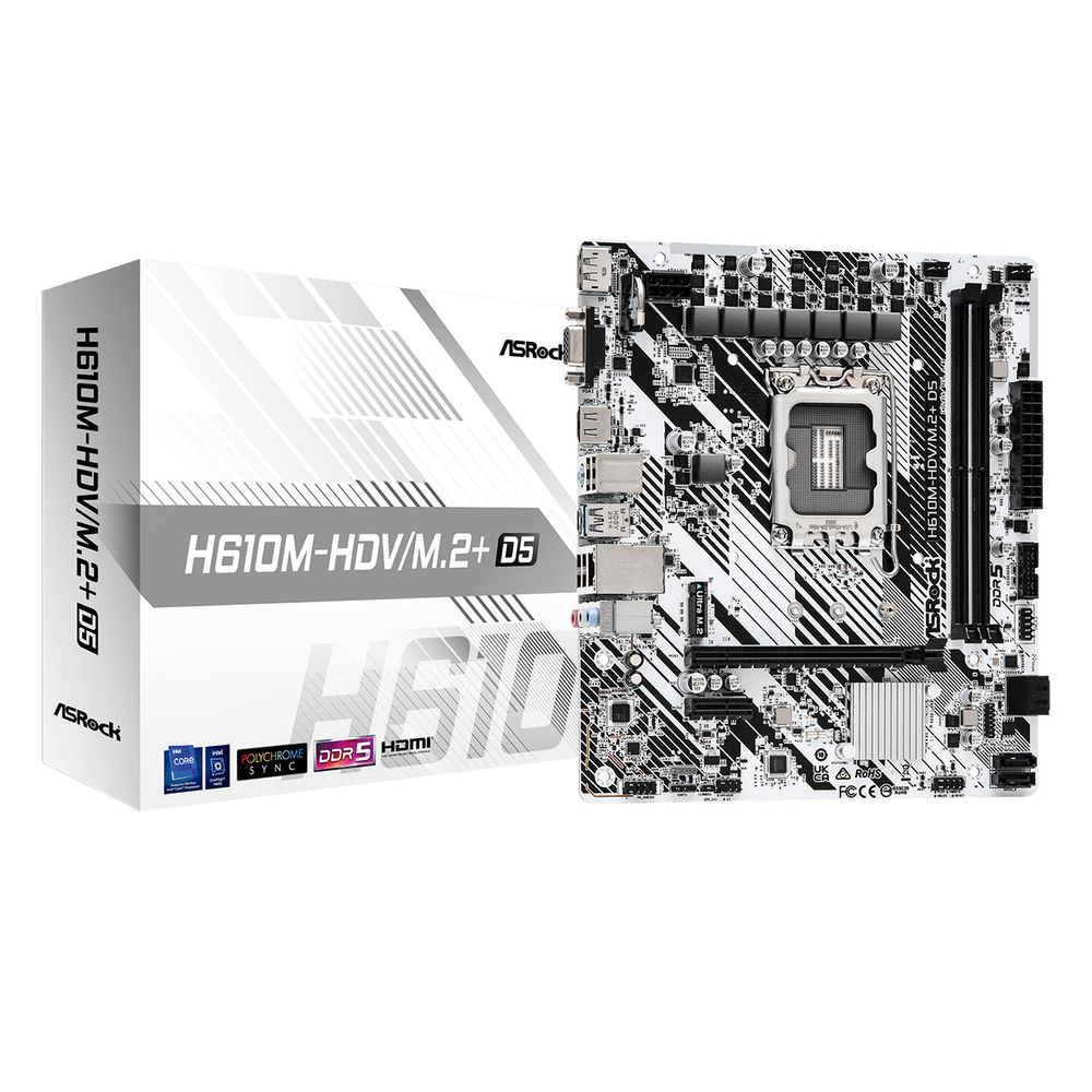 Материнская плата ASRock H610M-HDV/M.2+ D5, Socket 1700, Intel®H610, 2xDDR5-4800, D-SUB+HDMI+DP, 1xPCI-Ex16, 1xPCI-Ex1, 4xSATA3, 1xM.2, 8Ch Audio, GLan, (4+2)xUSB2.0, (1+2)xUSB3.2, (1+0)xUSB3.2 Type-C™, 1xPS/2, mATX, RTL