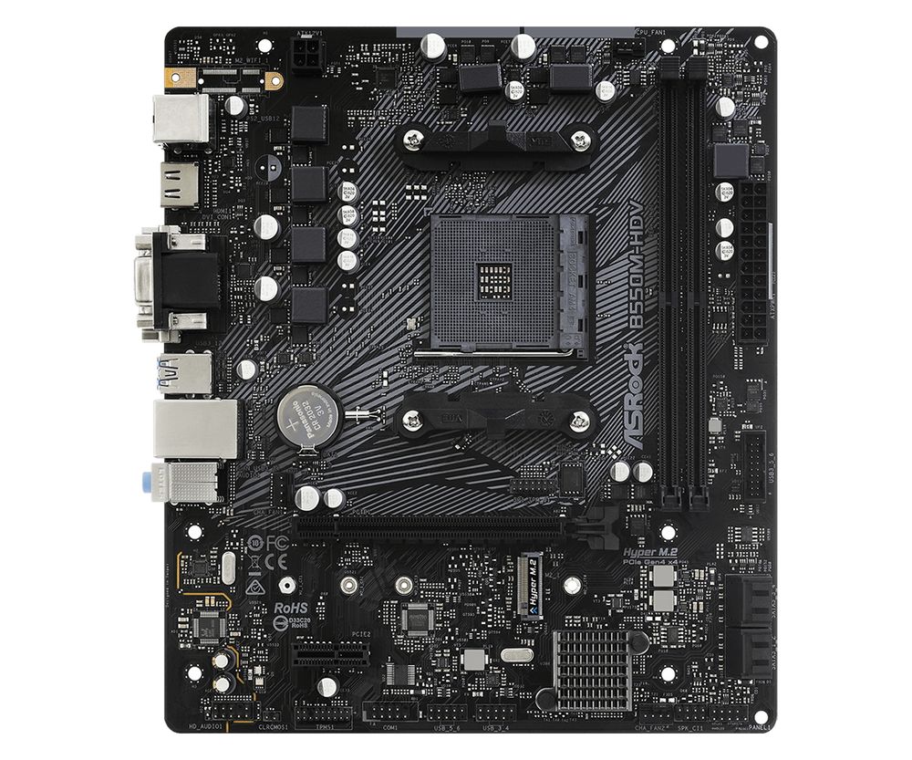 Материнская плата ASRock OEM B550M-HDV, Socket AM4, AMD B550, 2xDDR4-3200, D-SUB+DVI-D+HDMI, 1xPCI-Ex16, 1xPCI-Ex1,  4xSATA3(RAID 0/1/10), 1xM.2, 8 Ch Audio, 1xGLan, (2+4)xUSB2.0, (4+2)xUSB3.2, 1xPS/2, mATX, RTL, {20} (931635)