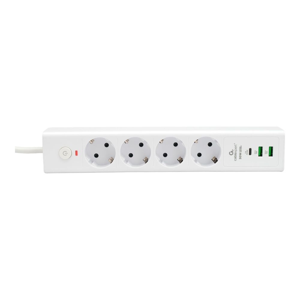 Сетевой фильтр Cablexpert Exnovo EXN-4-CU2-W-2 белый, Макс мощность 2500Вт, 3 розетки 220В, 10А, 2 розетки USB-A 5В, 1 розетка USB-C 30Вт PD, кабель 2м, ур.защиты 4+, коробка