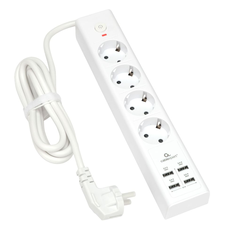 Сетевой фильтр Cablexpert Exnovo EXN-4-U4-W-2 белый, Макс мощность 2500Вт, 4  розетки 220В, 10А, 4 розетки USB-A 5В 2,4А, кабель 2м, ур.защиты 4+, коробка