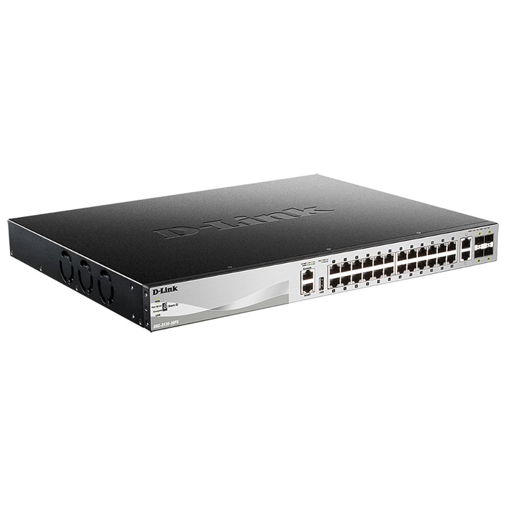 Коммутатор D-Link DGS-3130-30PS/B2A Управляемый L3 стекируемый коммутатор с 24 портами 10/100/1000Base-T, 2 портами 10GBase-T и 4 портами 10GBase-X SFP+ (24 порта PoE 802.3af/at, PoE-бюджет 370 Вт; 740 Вт с DPS-700)