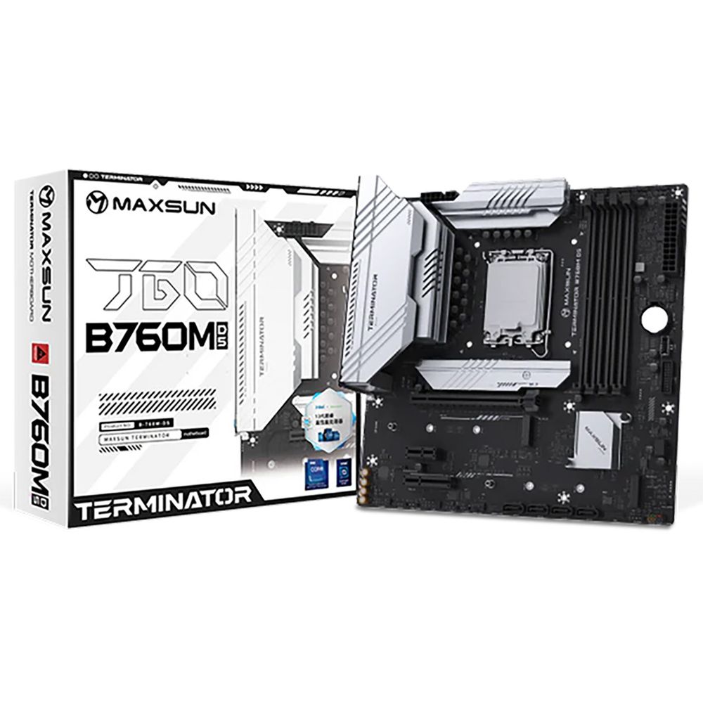 Материнская плата Maxsun MS-Terminator B760M D5 B760, LGA1700, 4*DDR5, 1*PCIEx16, 1*PCIEx4, 3*M.2, 1*TypeC, 4*USB3.2Gen1, 8*USB2.0, 4*SATA3.0, 2.5G, DP, HDMI, M-ATX, RTL