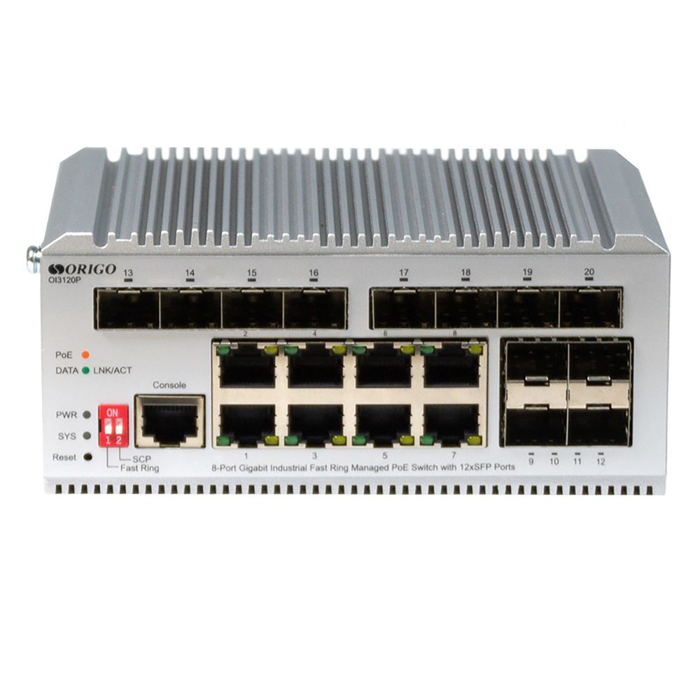 Коммутатор ORIGO OI3120P/185W/A1A Промышленный управляемый L2PoE-коммутатор 8x1000Base-T PoE+,12x1000Base-X SFP, PoE-бюджет 185 Вт