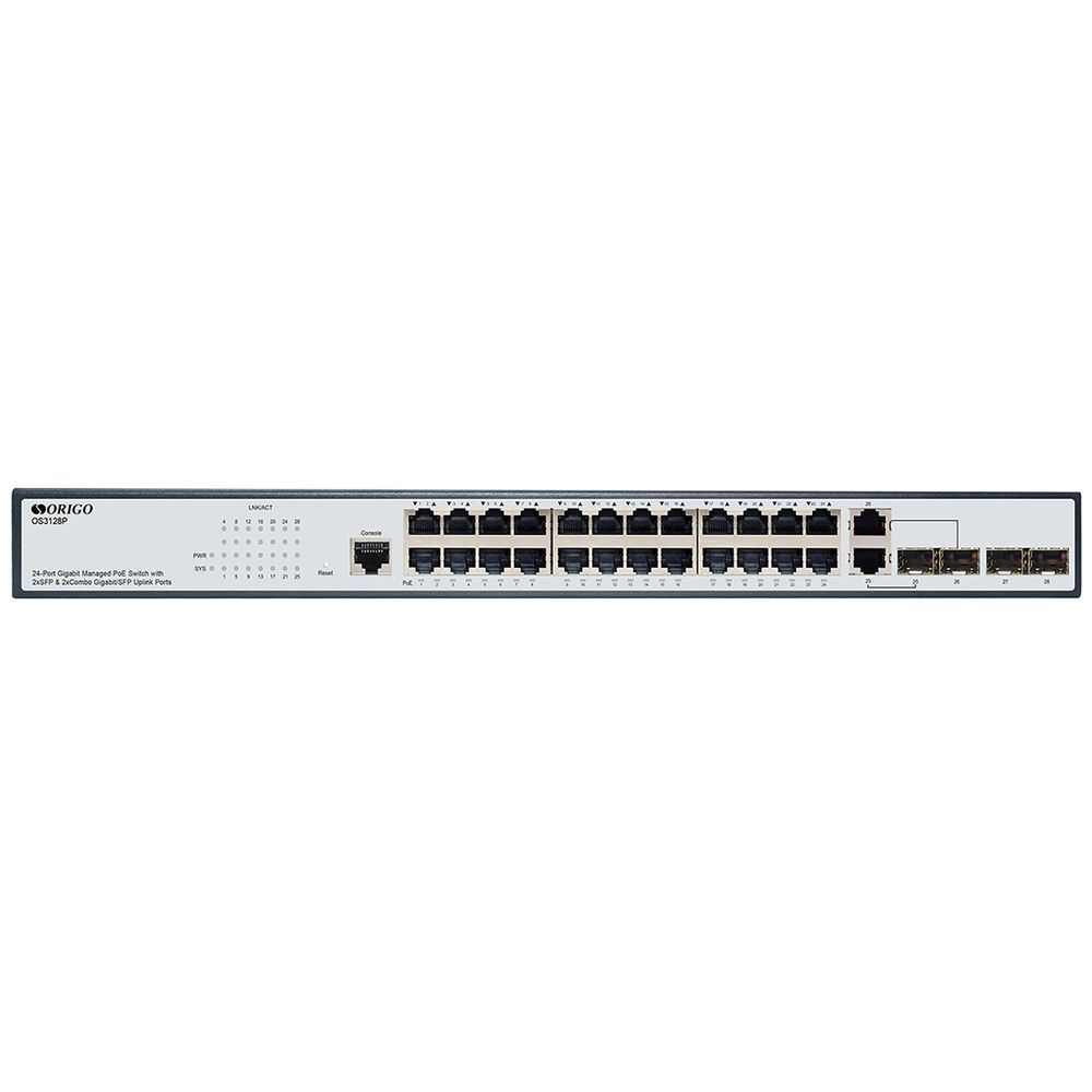 Коммутатор ORIGO OS3128P/250W/A1A Управляемый L2 PoE-коммутатор24x1000Base-T PoE+, 2x1000Base-X SFP,2xCombo 1000Base-T/SFP,PoE-бюджет 250 Вт