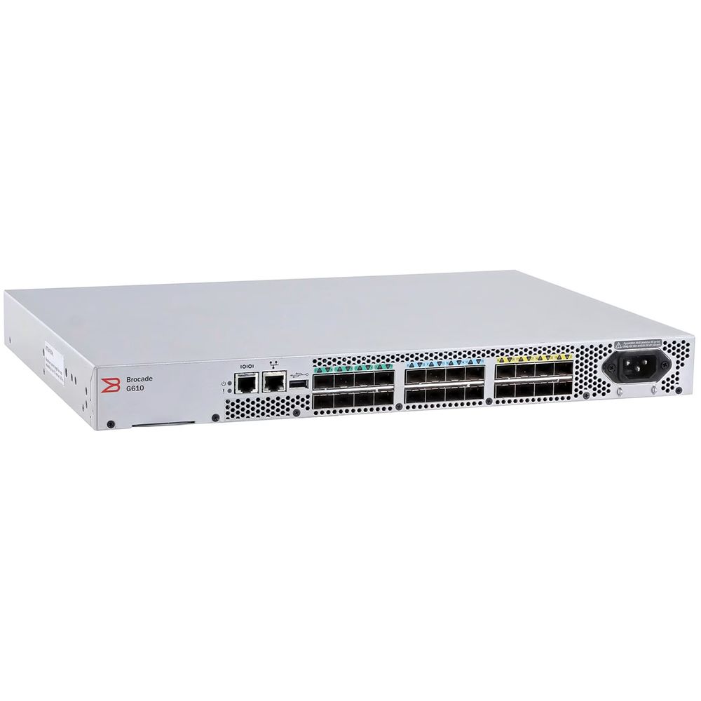 Коммутатор Brocade G610 24-port FC Switch, 24-port licensed, incl 24x 16Gb SWL SFP+, Enterprise SW Bundle (ISL Trunking, Fabric Vision, Extended Fabric), FOS Notupgradable, 1 PS, Rail Kit, 1Y Warranty