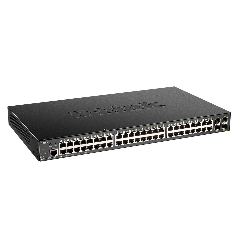Коммутатор D-Link Bad Pack DGS-1250-52XMP/A1A L2 Smart Switch with 48 10/100/1000Base-T ports and 4 10GBase-X SFP+ ports (48 PoE ports 802.3af/802.3at (30 W), PoE Budget 370W), {5}, (443022)