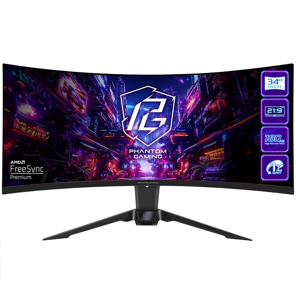 Монитор 34" ASRock Phantom Gaming PG34QRT2B Black (VA, 3440x1440, HDMI+HDMI+DP+Type C, 1 ms, 178°/178°, 500 cd/m, 3000:1, 180Hz, HDR400, MM, Curved 1500R, Height adjustment)