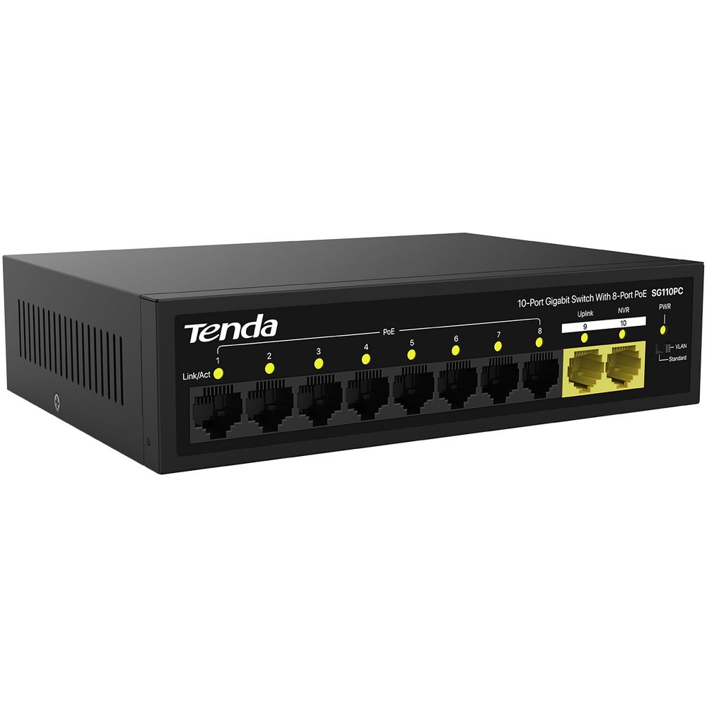 Коммутатор Tenda SG110PC Коммутатор неуправляемый PoE, 10 портов 10x1 Гбит/с, PoE 8х30 Вт, 2хUplink, настольный