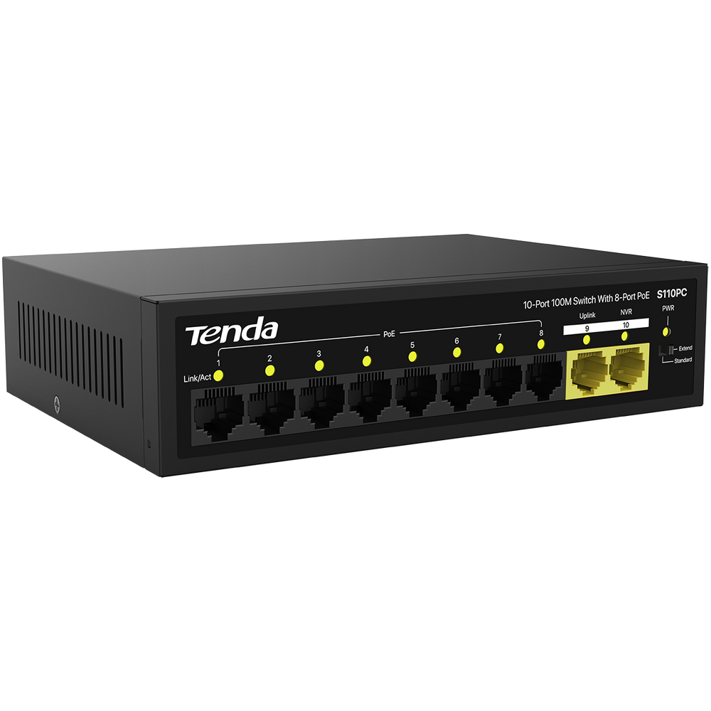 Коммутатор Tenda S110PC Коммутатор неуправляемый PoE, 10 портов 10x100 Мбит/с, PoE 8х до 30 Вт, настольный