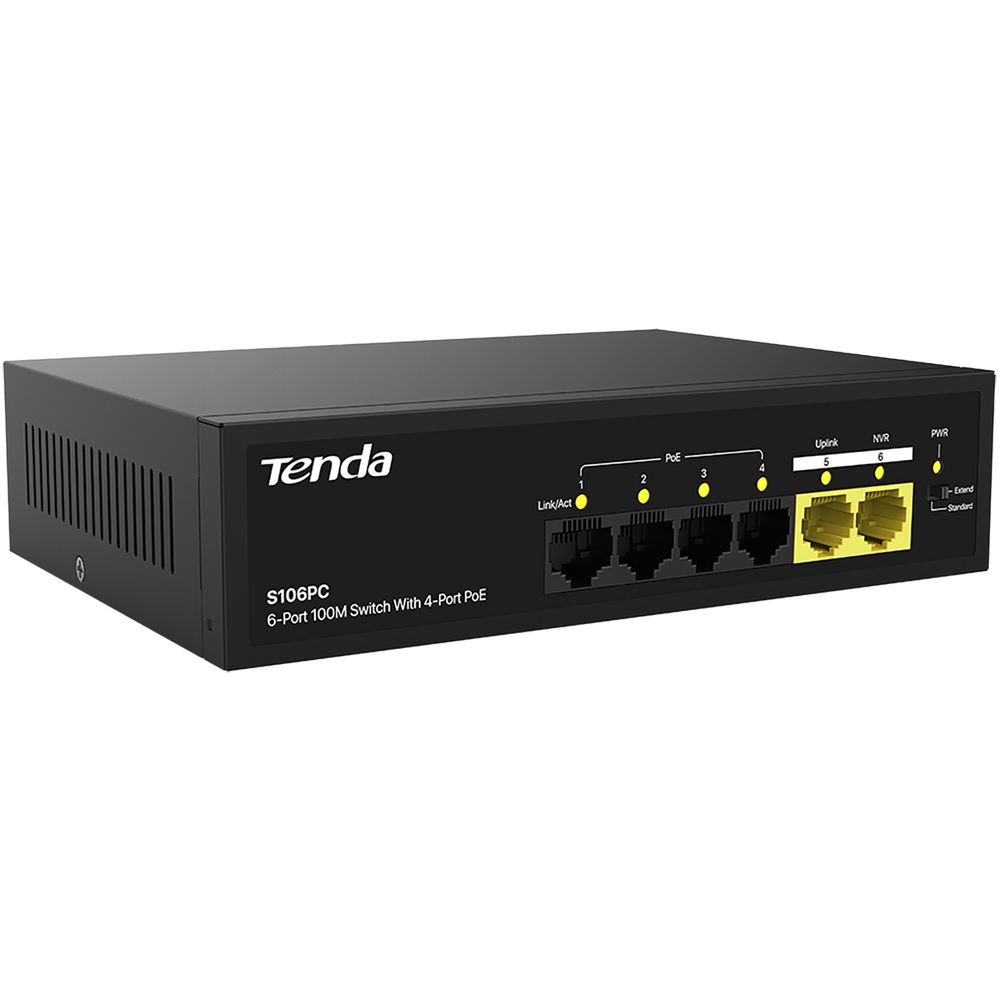 Коммутатор Tenda S106PC Коммутатор неуправляемый PoE, 6 портов 5x100 Мбит/с, PoE 4х до 30 Вт, настольный
