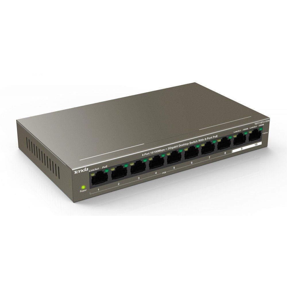 Коммутатор Tenda TEF1110P-8-102W Коммутатор неуправляемый PoE, 10 портов 10x100 Мбит/с, 2x1 Гбит/с, PoE 8х99 Вт, настольный