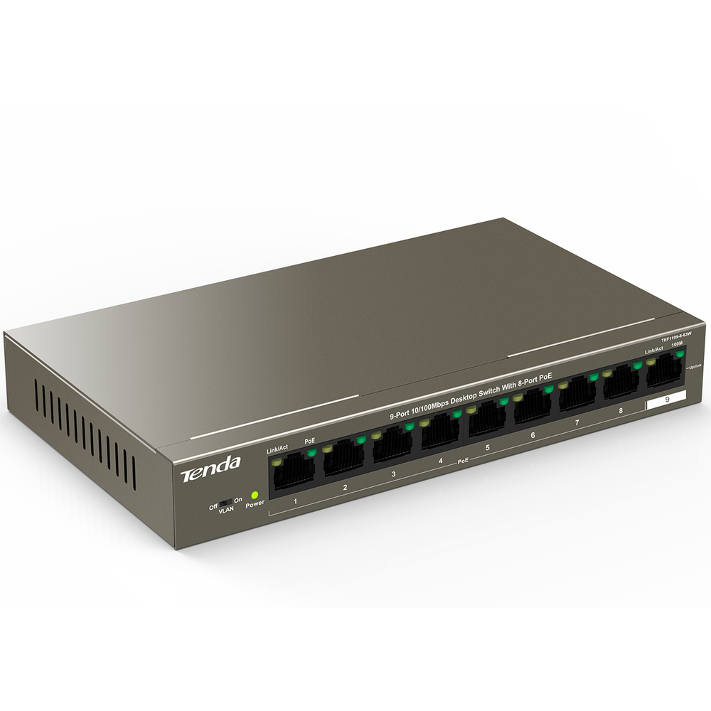 Коммутатор Tenda TEF1109P-8-63W Коммутатор неуправляемый PoE, 9 портов 9x100 Мбит/с, PoE 8х58 Вт, настольный