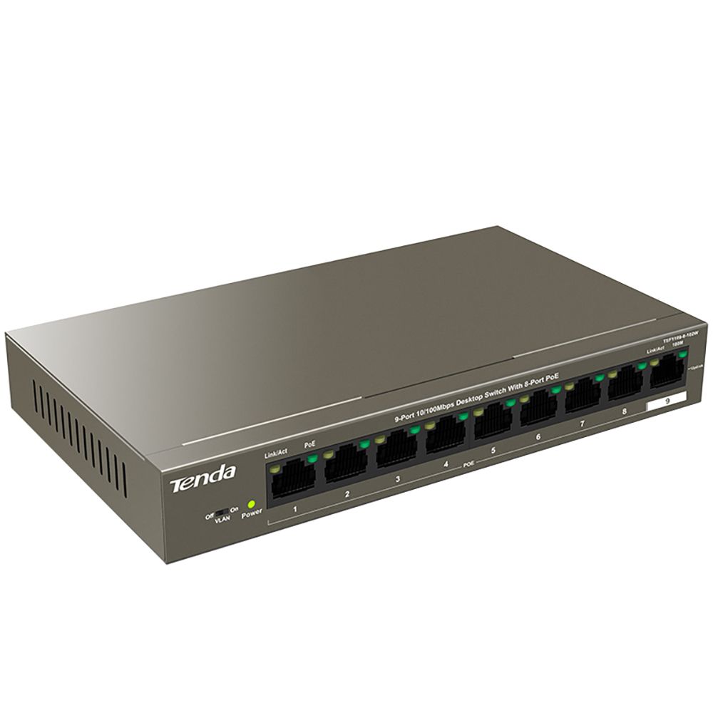 Коммутатор Tenda TEF1109P-8-102W Коммутатор неуправляемый PoE, 9 портов 9x100 Мбит/с, PoE 8х92 Вт, настольный
