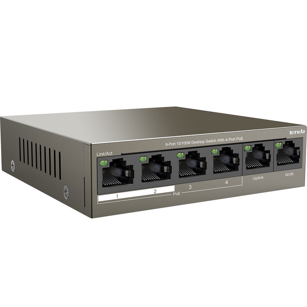 Коммутатор Tenda TEF1106P-4-63W Коммутатор неуправляемый PoE, 6 портов 6x100 Мбит/с, PoE 4х30 Вт, настольный