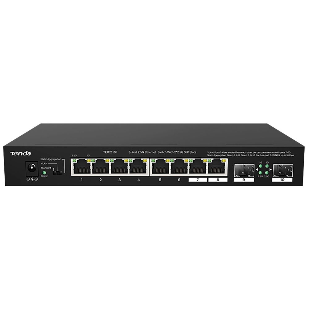 Коммутатор Tenda TEM2010F Коммутатор неуправляемый, 10 портов 10x1 Гбит/с, RJ-45 8х2,5 Гбит/с, SFP 2х2,5 Гбит/с, настольный, металлический корпус