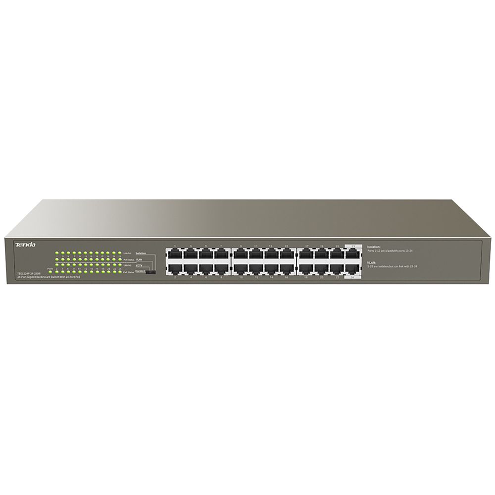 Коммутатор Tenda TEG1124P-24-250W Коммутатор неуправляемый PoE, 24 порта 24x1 Гбит/с, PoE 24х30 Вт (до 225Вт), установка в стойку