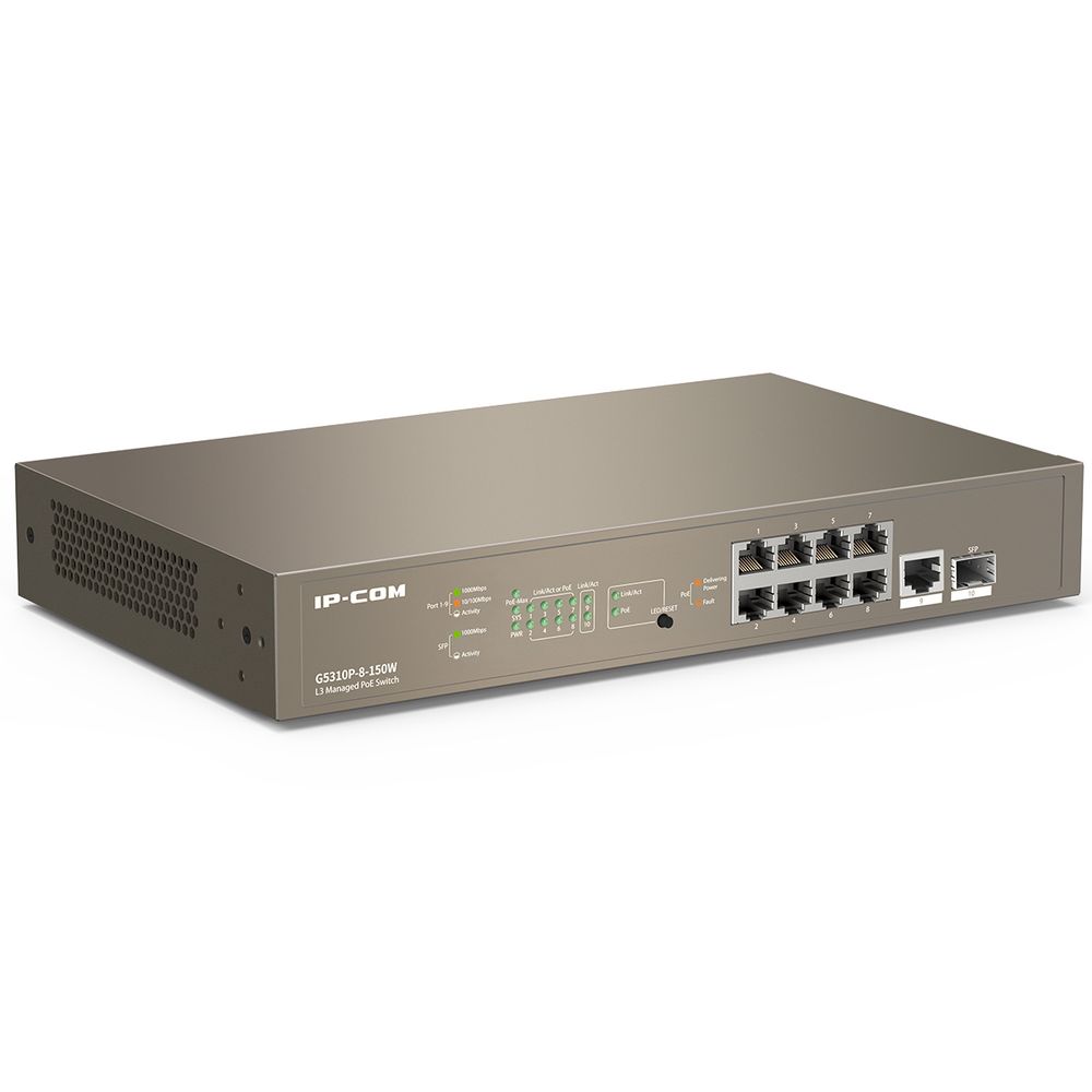 Коммутатор IP-COM G5310P-8-150W Управляемый PoE гигабитный коммутатор L3, 8PoE портов, 1 Uplink, 1 SFP