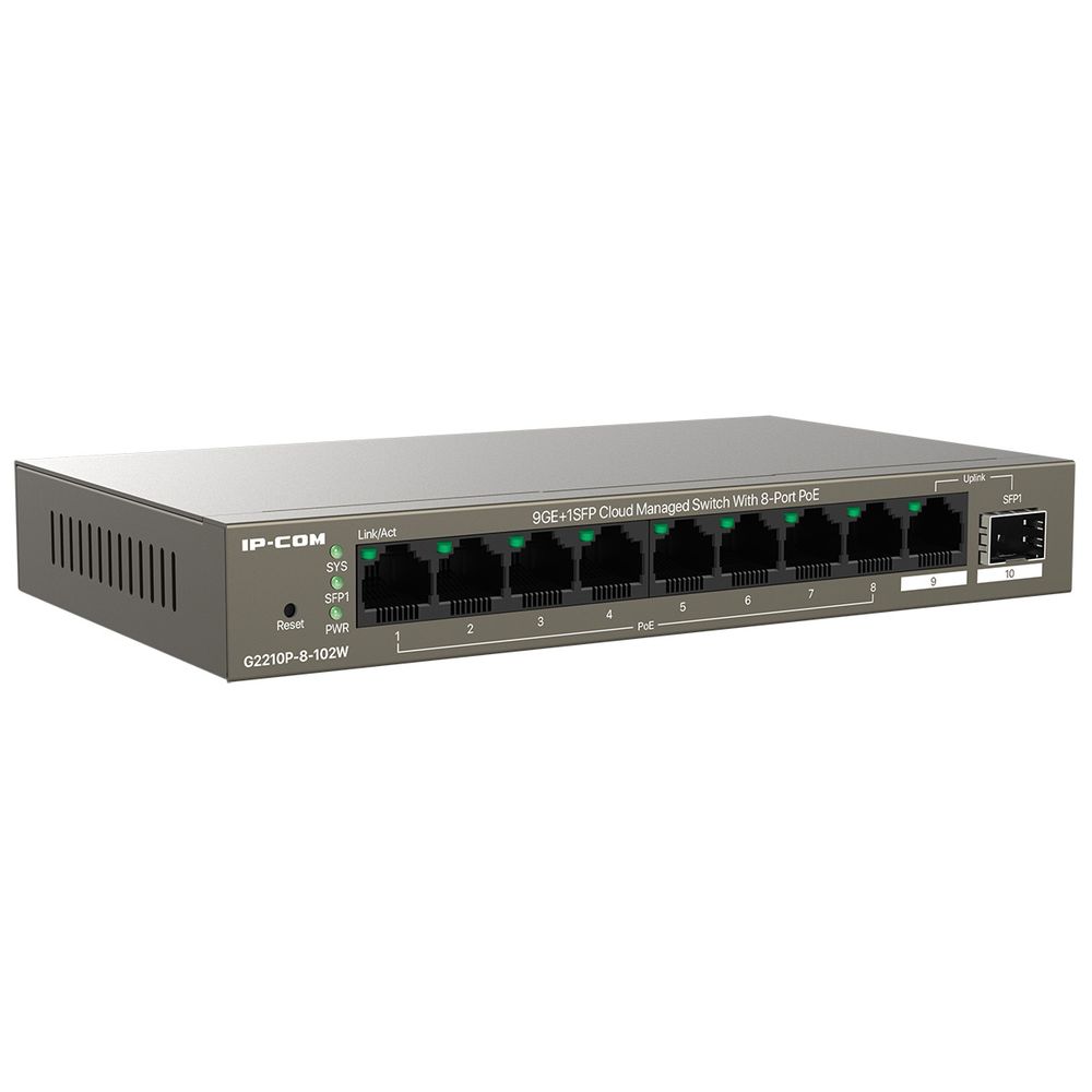 Коммутатор IP-COM G2210P-8-102W Облачный управляемый PoE коммутатор, 10 портов 9x1 Гбит/с, SFP 1x1 Гбит/с, PoE 8x30Вт, настольный, металлический