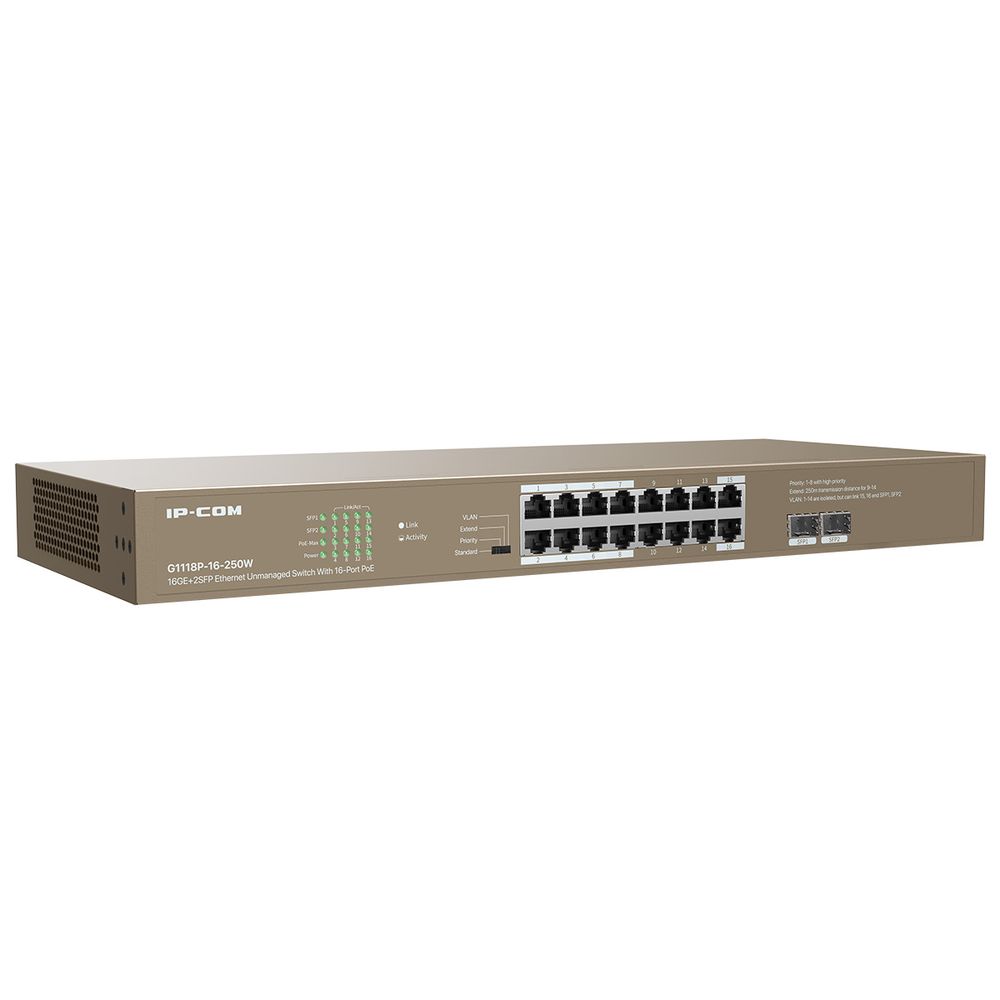 Коммутатор IP-COM G1118P-16-250W Коммутатор неуправляемый PoE, 16 портов 16x1 Гбит/с, SFP 2x1 Гбит/с, PoE 16x30Вт (до 230Вт), установка в стойку, металлический