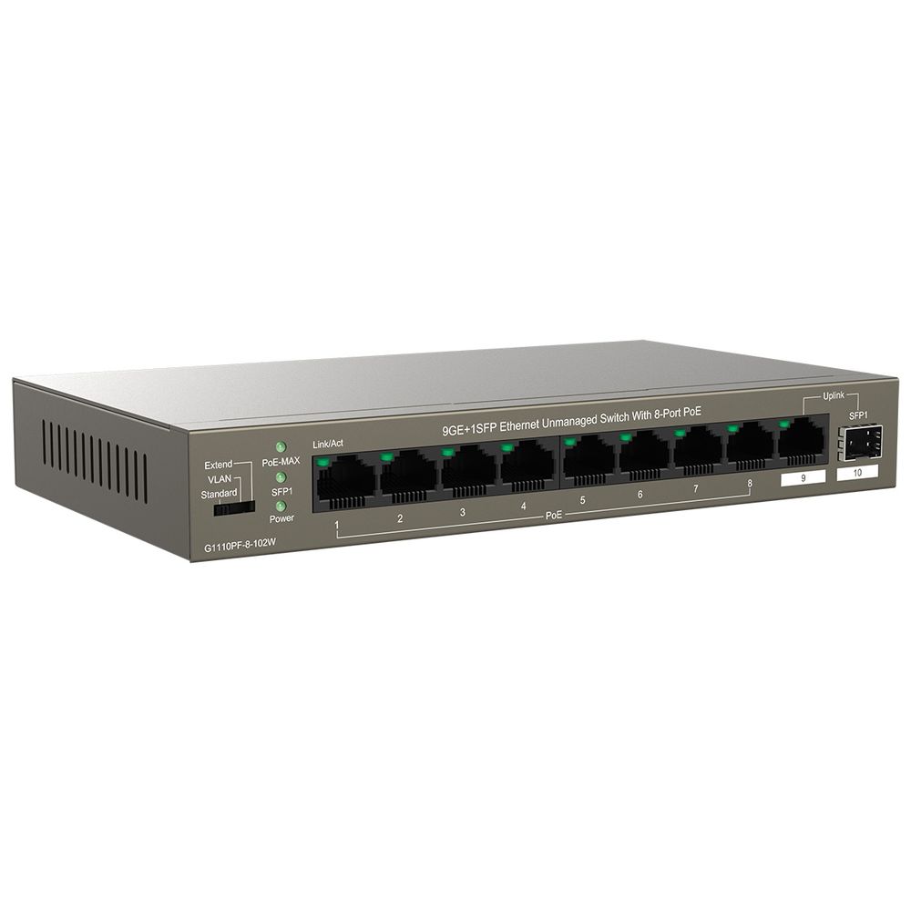 Коммутатор IP-COM G1110PF-8-102W Коммутатор неуправляемый PoE, 10 портов 10x100 Мбит/с, 2x1 Гбит/с, PoE 8х99 Вт, настольный