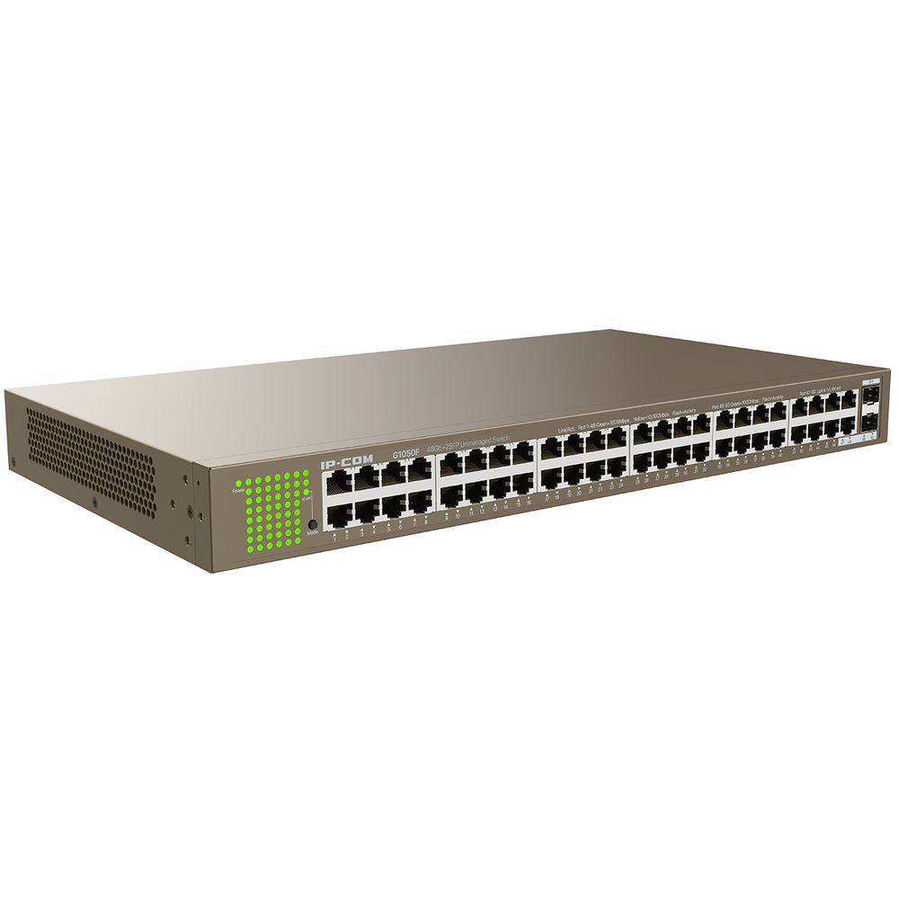 Коммутатор IP-COM G1050F Коммутатор неуправляемый, 48 портов 48x1 Гбит/с, SFP 2x1 Гбит/с, установка в стойку, металлический корпус