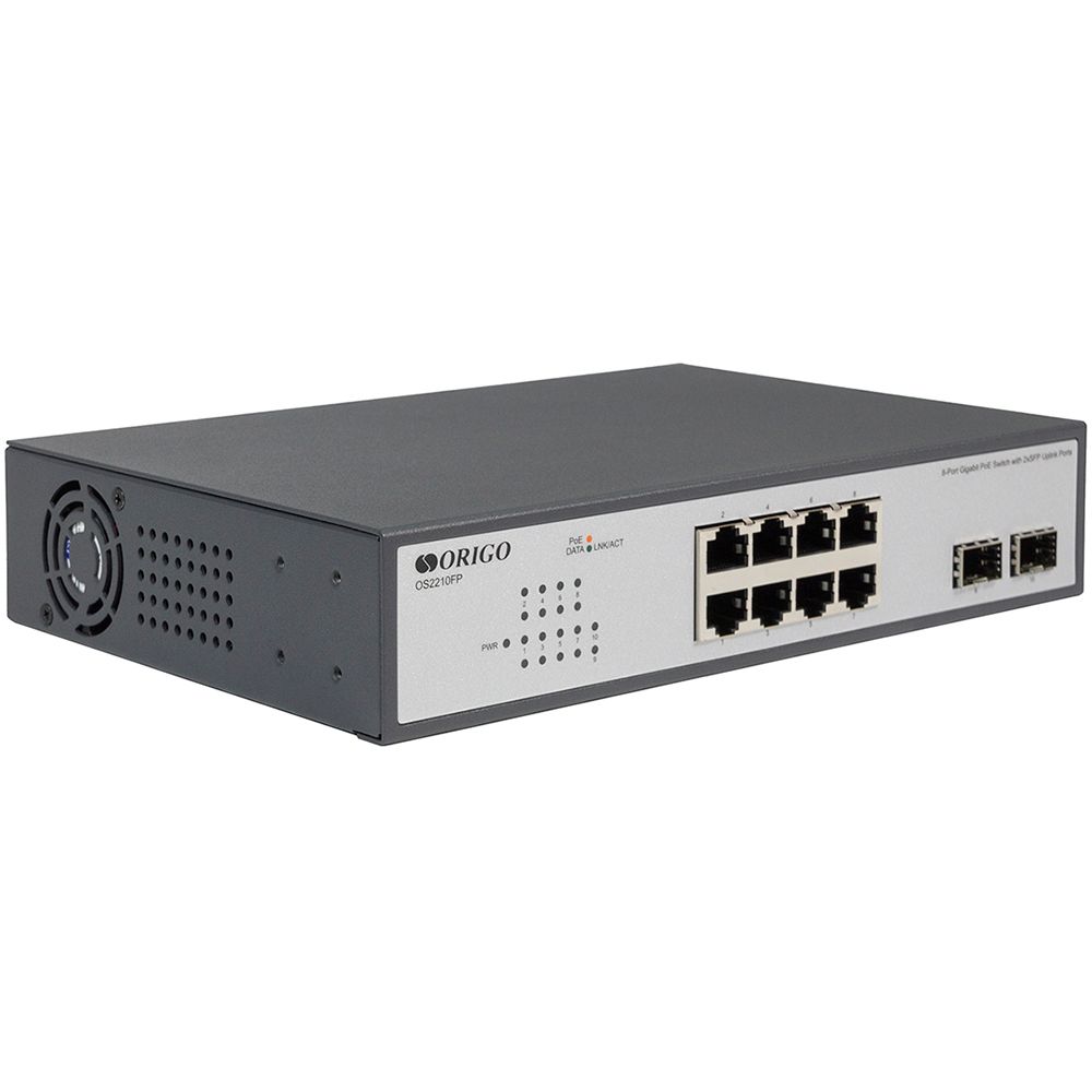 Коммутатор ORIGO OS2210FP/120W/A1A Неуправляемый PoE-коммутатор8x1000Base-T PoE+, 2x1000Base-X SFP,PoE-бюджет 120 Вт