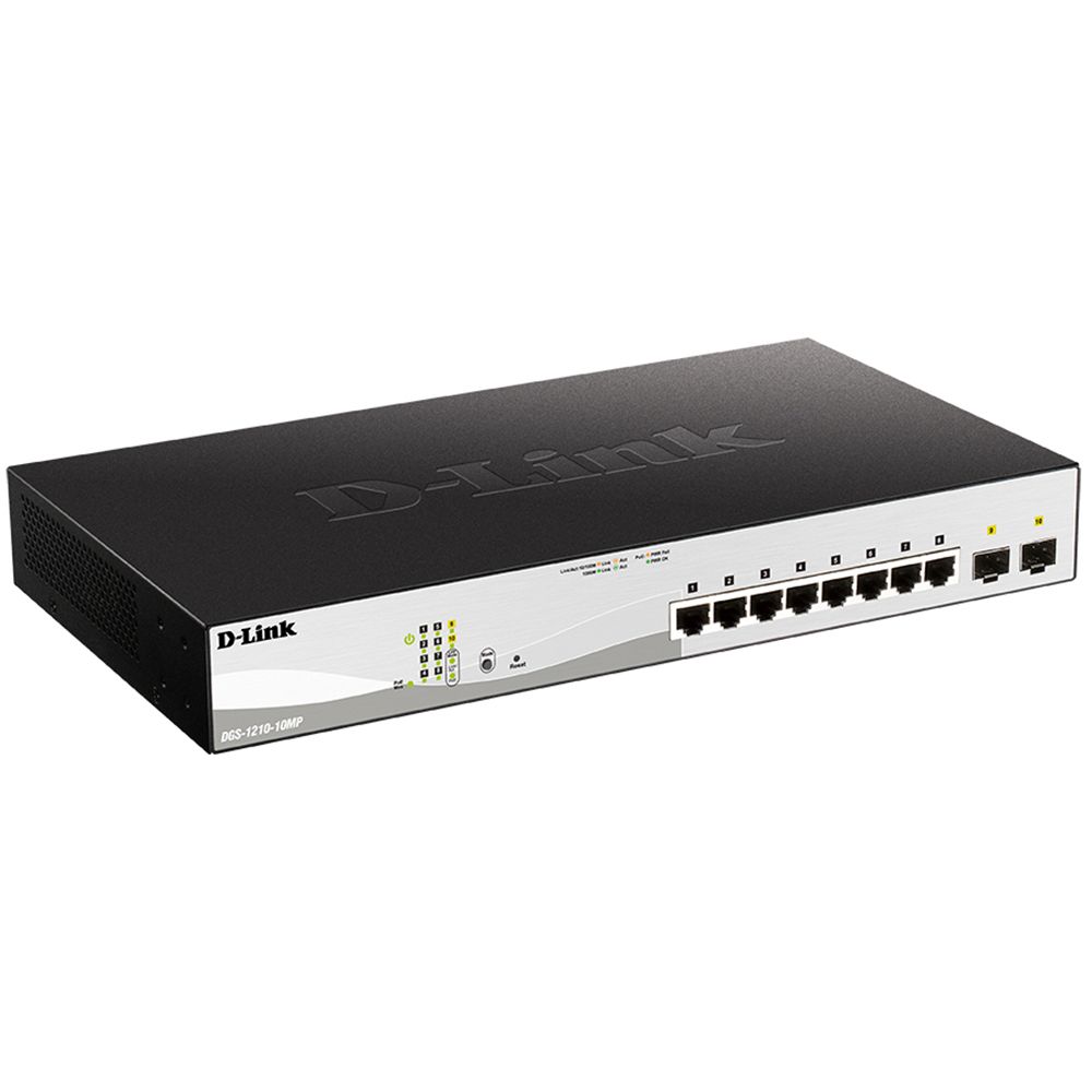 Коммутатор D-Link DGS-1210-10MP/FL2A Управляемый L2 коммутатор с 8 портами 10/100/1000Base-T и 2 портами 1000Base-X SFP (8 портов PoE 802.3af/at, PoE-бюджет 130 Вт)