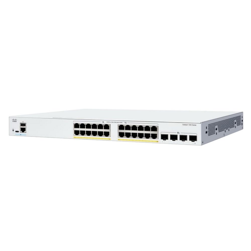 Коммутатор CISCO Catalyst 1300 24x 10/100/1000 RJ-45 PoE+, 4x 1Gb SFP uplinks, PoE+ 195W, Fanless, C1300-24P-4G