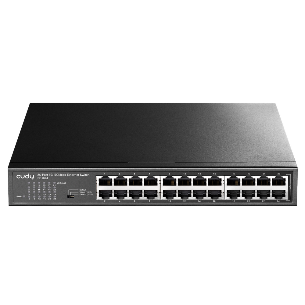 Коммутатор CUDY 24-Port 10/100 Mbps Metal Switch 24-Port 10/100 Mbps Switch, 24 10/100 Mbps RJ45 Ports, Switch/VLAN/Extend working mode DIP switch, Rack-mountable Steel Case, Power Saving, Plug & Play, Rack-Mount kits included