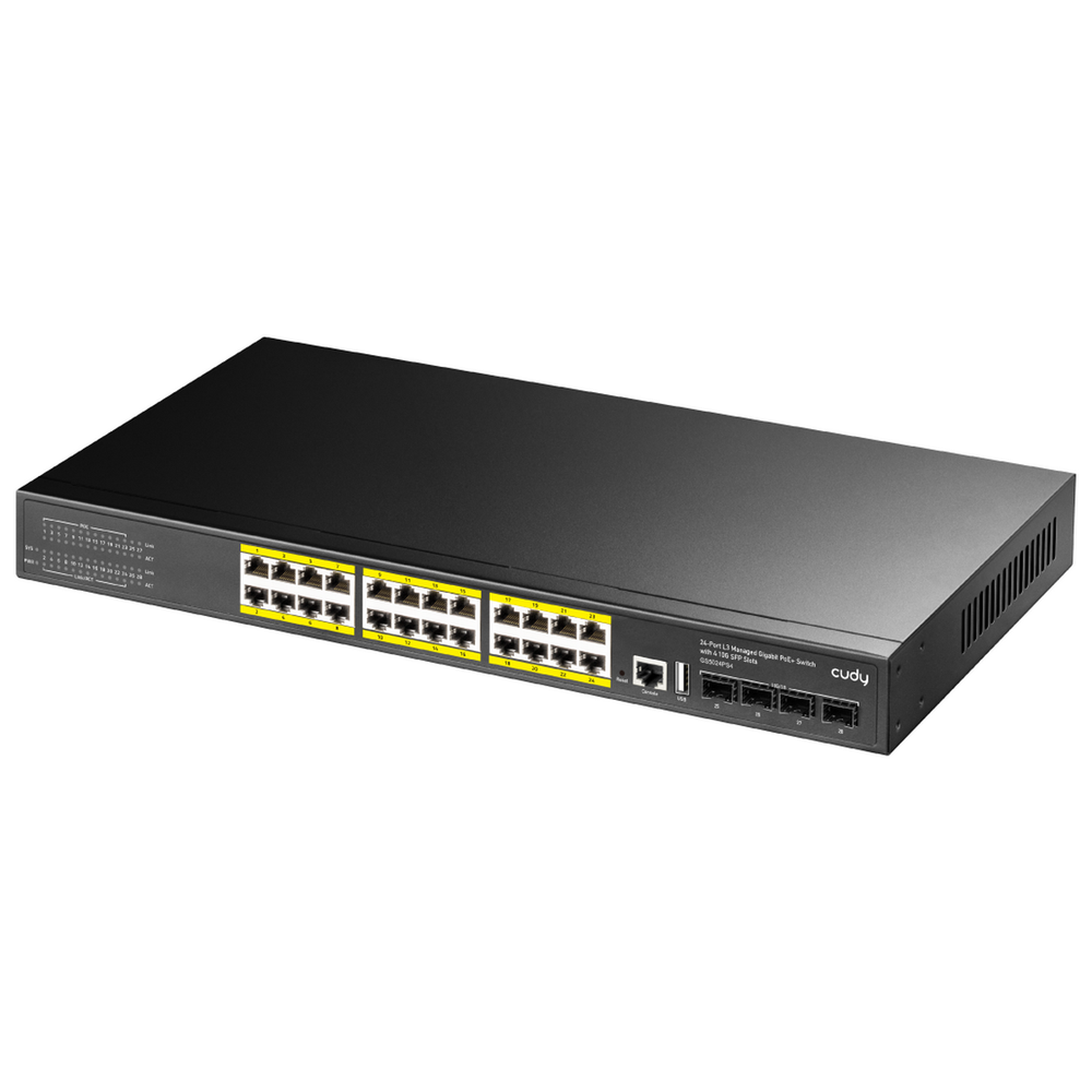 Коммутатор CUDY 24-Port Layer 3 Managed Gigabit PoE+ Switch with 4 10G SFP Slots  400W Layer 3 Managed 24 Ports 10/100/1000M  PoE Switch, 24 Gigabit Ethernet ports + 4 10 Gigabit uplink SFP+ optical ports + 1 USB serial port + 1 console port, 1-24 ports conform to IEEE 802.3af/at,  400W PoE budget, backplane bandwidth 128Gbps, L3+ Layer 3 ne