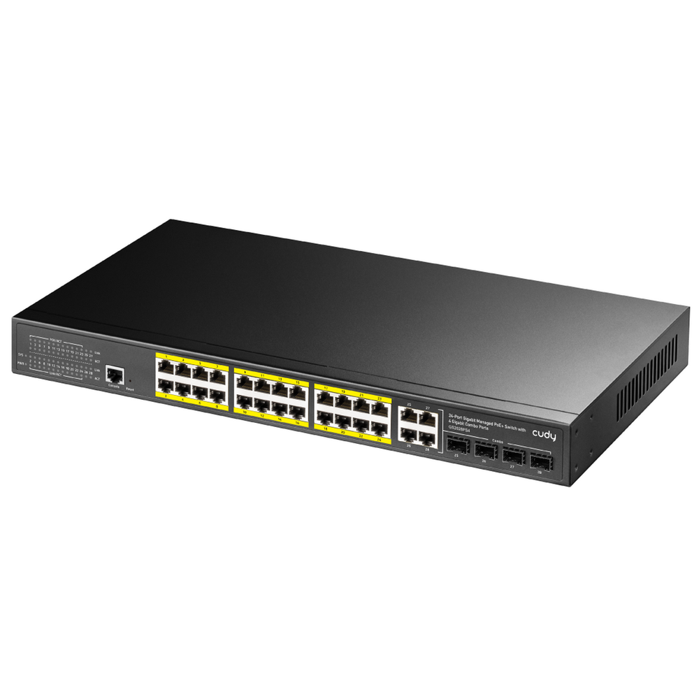 Коммутатор CUDY 24-Port Layer 2 Managed Gigabit PoE+ Switch with 4 Gigabit Combo Ports  400W Layer 2 Managed 28 Ports 10/100/1000M PoE Switch ,1-24 Port support POE (802.3at/af) ,with 4 Uplink Gigabit SFP/ETH Combo port + 1 Managed Port, IEEE 802.3af/at Standard, Each Port Max support 30W, Support QOS, STP/RSTP/MSTP、 IGMP、SNMP、WEB、VLAN、 EtherChann