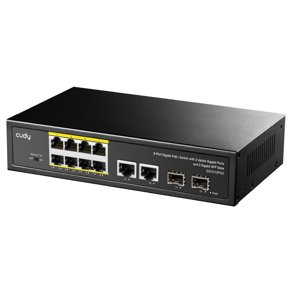 Коммутатор CUDY 8-Port Gigabit PoE+ Switch with 2 Gigabit Uplink ports and 2 Gigabit SFP slot 120W 8-10/100/1000 BASE-T Gigabit ports,2-Port 10/100/1000 BASE-T Gigabit Uplink ports, 2-1000 BASE-X SFP Slot, 8-port IEEE 802.3at PoE+ Injector, Supports PoE power up to 30W for each PoE port, Extend Mode (Port#7 and #8 support transmit distance up to 250m at