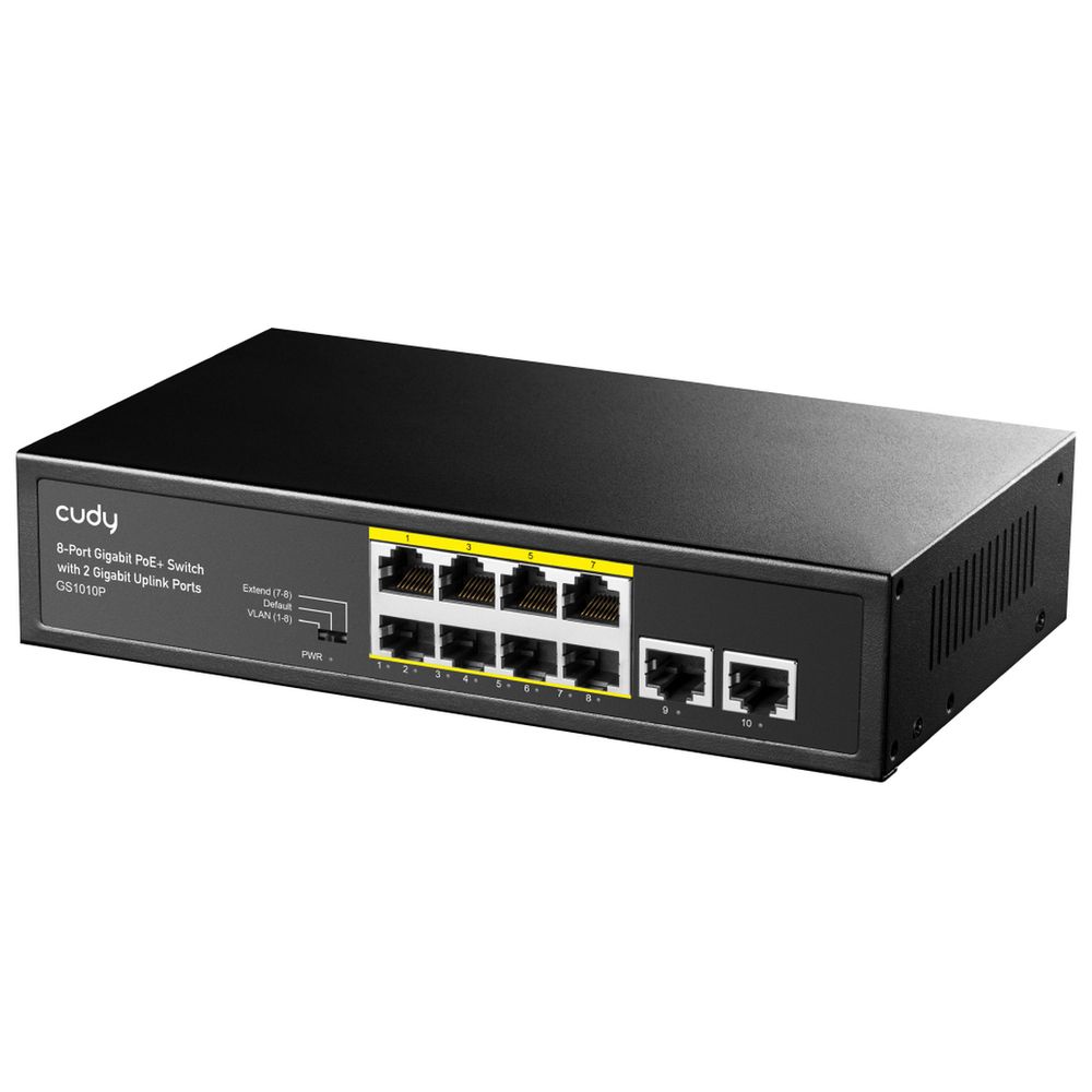 Коммутатор CUDY 8-Port Gigabit PoE+ Switch with 2 Gigabit Uplink Ports 120W                                          8 RJ-45 10/100/1000M PSE ports +2 RJ45 10/100/1000  Uplink Port Unmanaged PoE+ Switch 120W, CCTV/VLAN mode support, long distance:250M at CCTV mode.  802.3af/at standard,  Aternative 1/2(+),3/6(-), Rack-mountable Steel Case, Watchdog, 120W internal