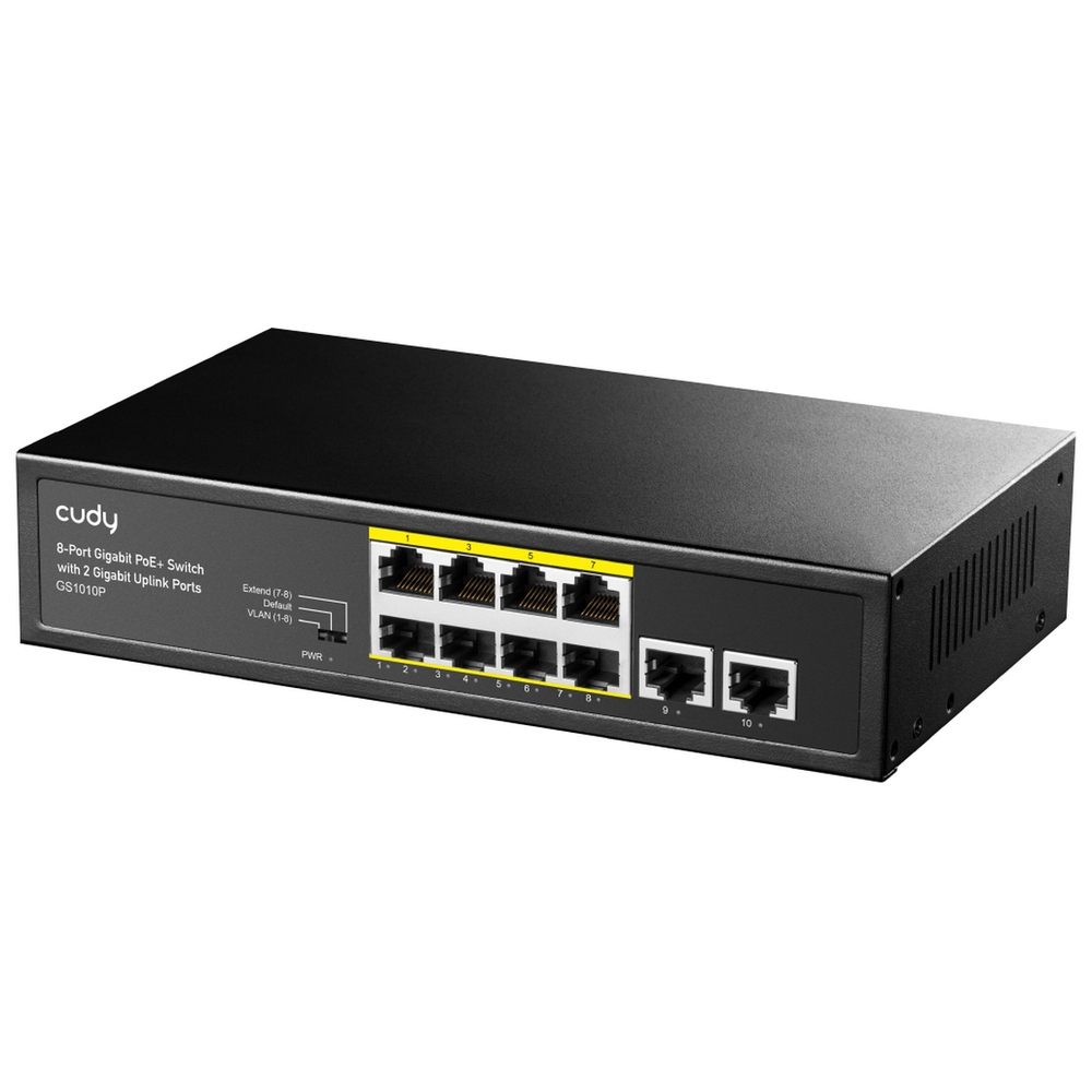 Коммутатор CUDY 8-Port Gigabit PoE+ Switch with 2 Gigabit Uplink Ports 120W                                          8 RJ-45 10/100/1000M PSE ports +2 RJ45 10/100/1000  Uplink Port Unmanaged PoE+ Switch 120W, CCTV/VLAN mode support, long distance:250M at CCTV mode.  802.3af/at standard,  Aternative 1/2(+),3/6(-), Rack-mountable Steel Case, Watchdog, 120W internal