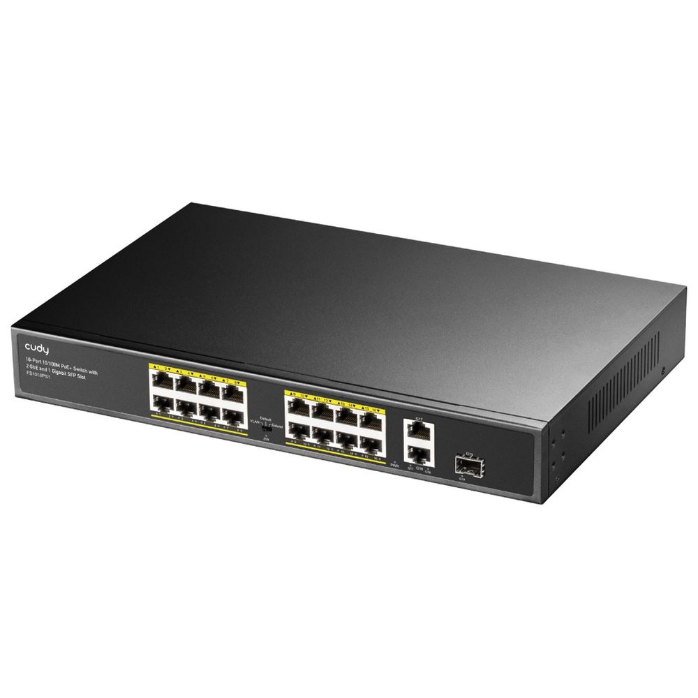 Коммутатор CUDY 16-Port 10/100M PoE+ Switch with 2 Gigabit Uplink and 1 SFP Port 200W 16-Port 10/100M PSE RJ-45 +2 Gigabit RJ- 45 +1SFP Port with 16 POE Ports Switch with Built-in power supply, support 16-port IEEE 802.3at PoE+ Injector,Rack-mountable  Steel case, 200W Internal