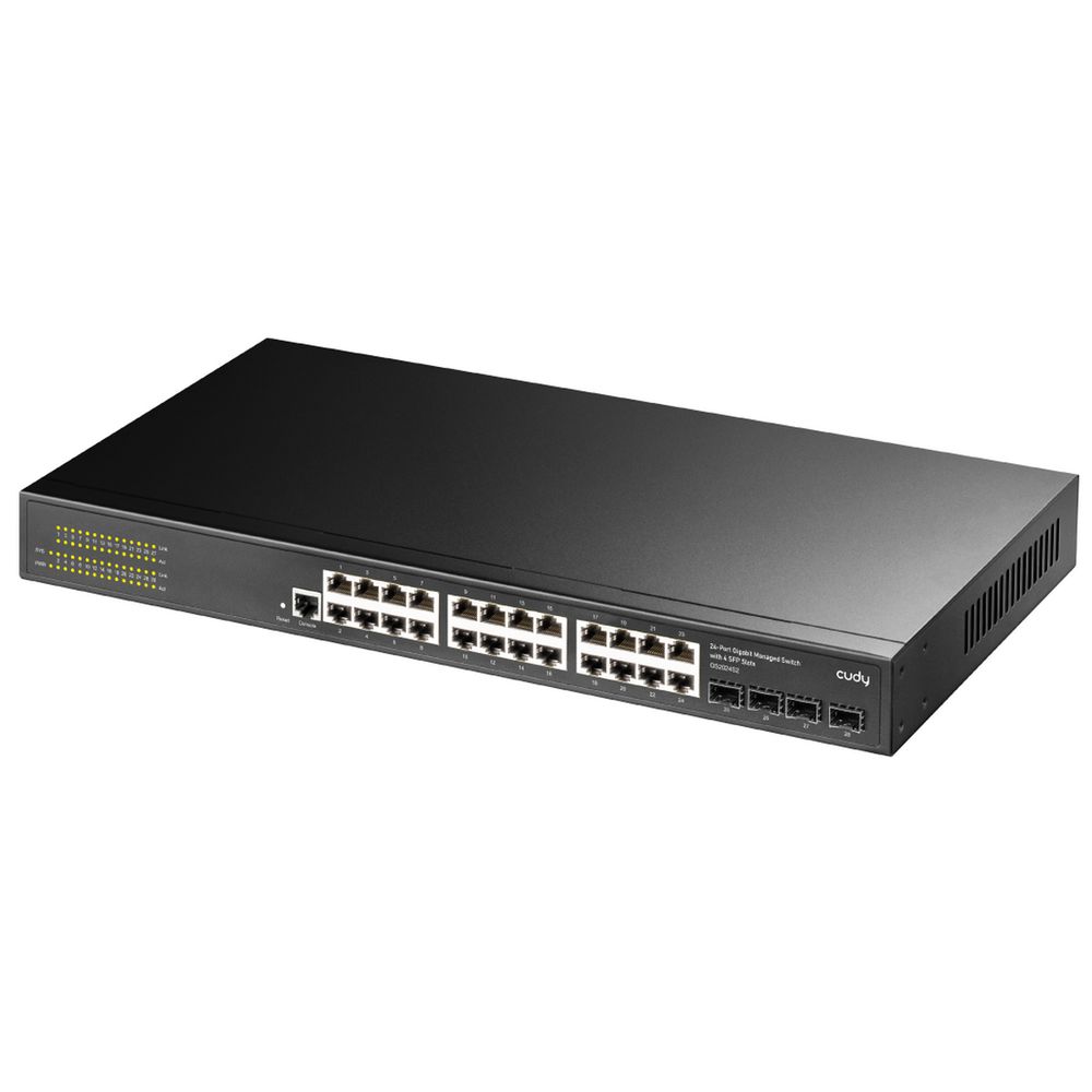 Коммутатор CUDY  GS2024S2  24-Port Layer 2 Managed Gigabit Switch with 4 Gigabit SFP Slots 24-Port Layer 2 Managed 10/100/1000M Switch, 24 Gigabit Ethernet ports + 4 Gigabit SFP ports + 1 management port, backplane bandwidth 56Gbps, Layer 2 network management function, support routing, DHCP, VLAN, MAC address, ACL access control, QOS, multicast,