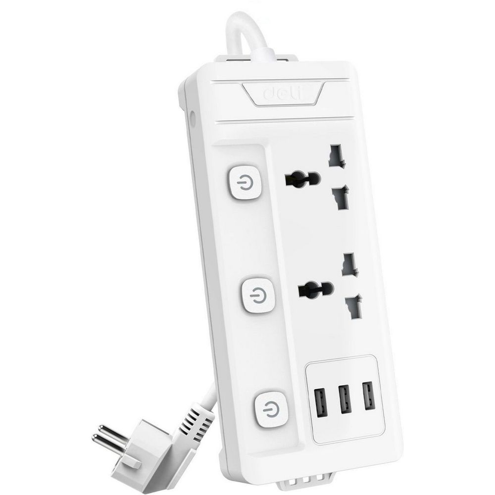Сетевой  фильтр универсальный Deli ET409 / 2розетки + 3USB ,  2 м
